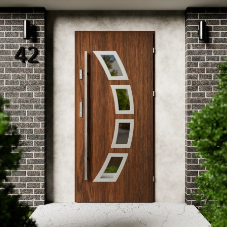 Drzwi zewnętrzne stalowe do domu Cinea Inox 72mm z antabą/pochwytem energooszczędne Ud=1.3 lustro weneckie szyba mleczna Program Czyste Powietrze