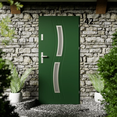 Drzwi zewnętrzne stalowe do domu Twista Inox 72mm z klamką energooszczędne Ud=1.3 lustro weneckie szyba mleczna Program Czyste Powietrze