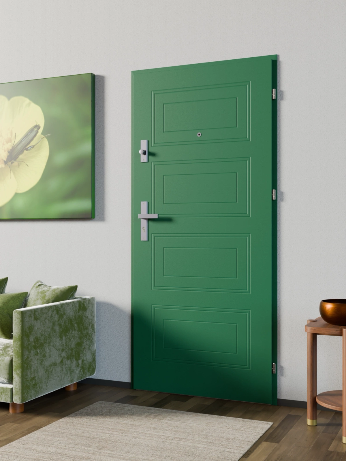 Ekonomiczne drzwi wewnątrzklatkowe wejściowe do mieszkania z klatki schodowej 55 mm stalowe zielone T34