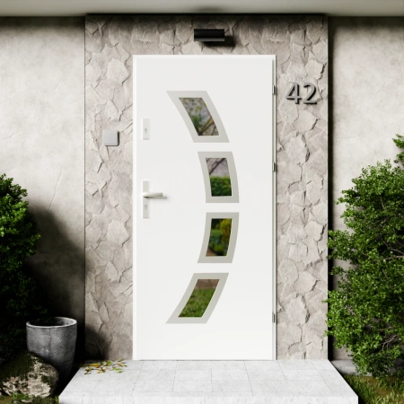 Drzwi zewnętrzne stalowe do domu Cinea Inox 72mm z klamką energooszczędne Ud=1.3 przeszklone lustro weneckie szyba mleczna Program Czyste Powietrze