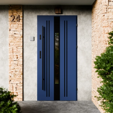 Drzwi zewnętrzne stalowe do domu Elegant Black 72mm z antabą/pochwytem energooszczędne Ud=1.3 lustro weneckie szyba mleczna Program Czyste Powietrze