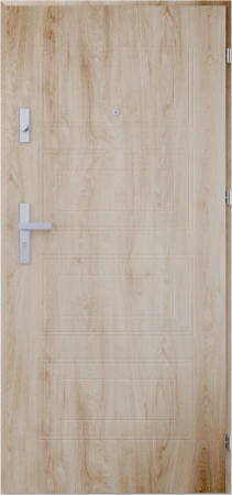 Drzwi wewnątrzklatkowe antywłamaniowe RC3 z Certyfikatem akustyczne wyciszające 47 dB 55 mm stalowe z tłoczeniami z klamką inox srebrną dąb turner T34