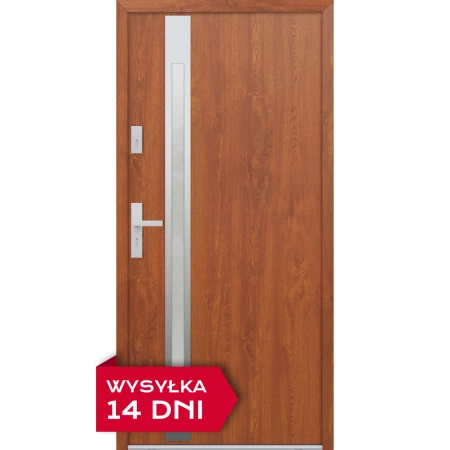Drzwi zewnętrzne do domu stalowo aluminiowe 68 mm z szybą i okuciami inox ATU68 złoty dąb Program Czyste Powietrze M514