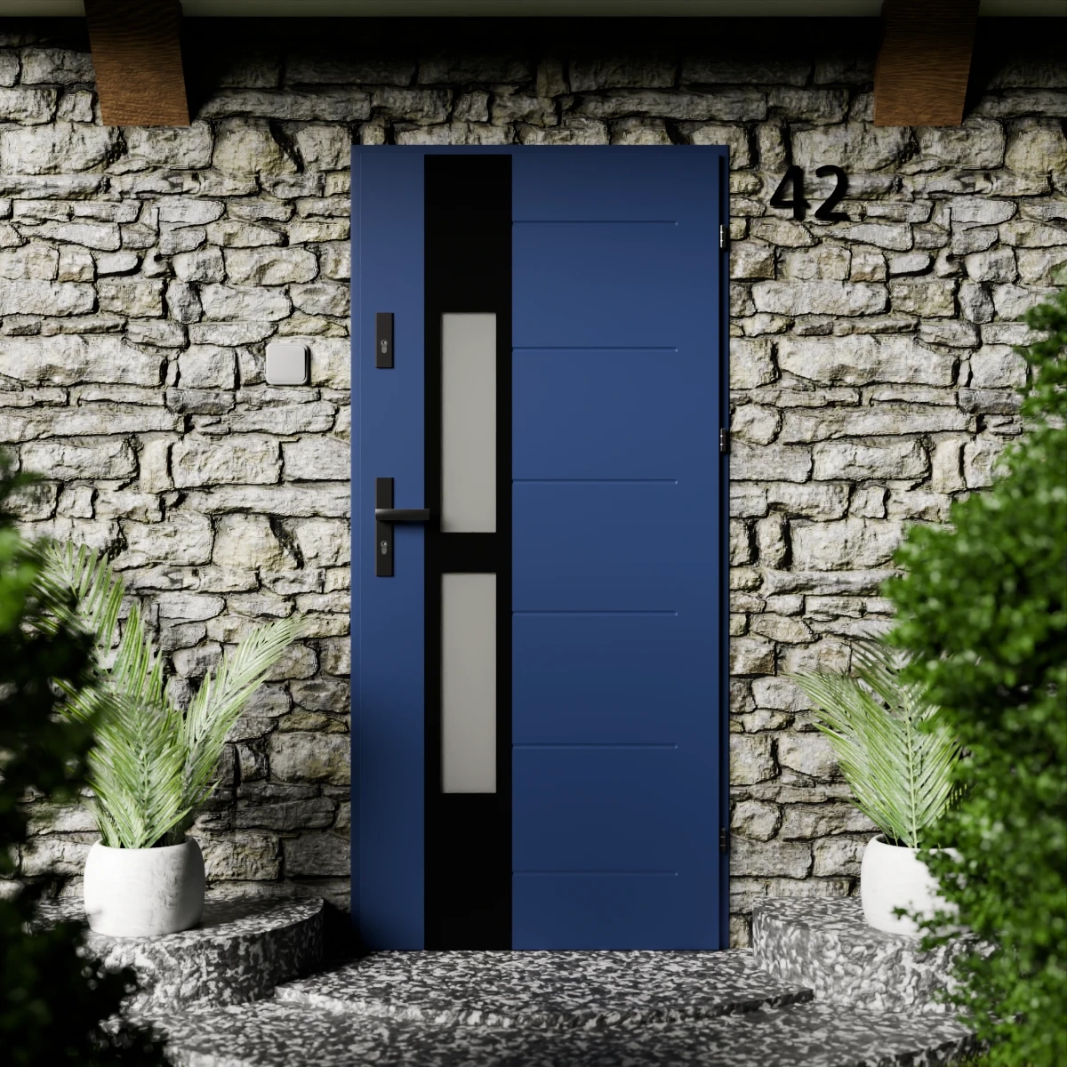 Drzwi zewnętrzne stalowe do domu Anda Black 72mm z klamką czarną energooszczędne Ud=1.3 lustro weneckie szyba mleczna Program Czyste Powietrze