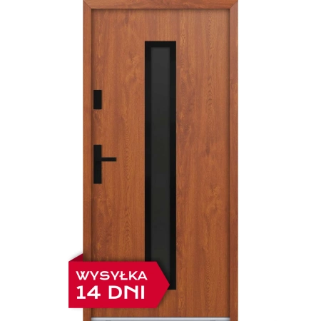 Drzwi zewnętrzne do domu stalowo aluminiowe 68 mm z szybą i czarnymi okuciami ATU68 złoty dąb Program Czyste Powietrze M620