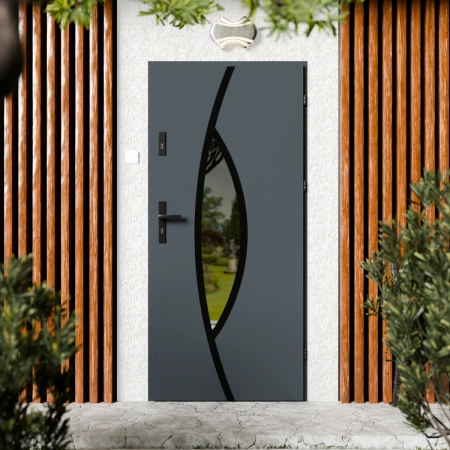 Drzwi zewnętrzne stalowe do domu Maestro Black 72mm z klamką czarną energooszczędne Ud=1.3 lustro weneckie szyba mleczna Program Czyste Powietrze