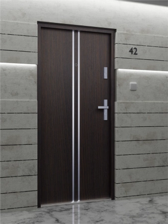 Drzwi wewnątrzklatkowe antywłamaniowe w klasie RC4 55 mm stalowe z klamką i zawiasami srebrnymi inox dąb bagienny A7