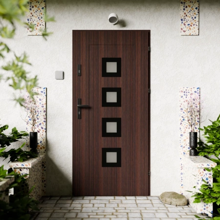 Drzwi zewnętrzne stalowe do domu Quarto Black 72mm z klamką czarną energooszczędne Ud=1.3 reflex szary szyba mleczna Program Czyste Powietrze