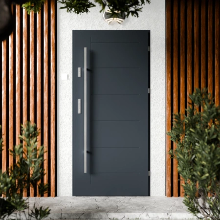 Drzwi zewnętrzne stalowe do domu Basic Inox 72mm z antabą/pochwytem energooszczędne Ud=1.3 bez szyby pełne Program Czyste Powietrze