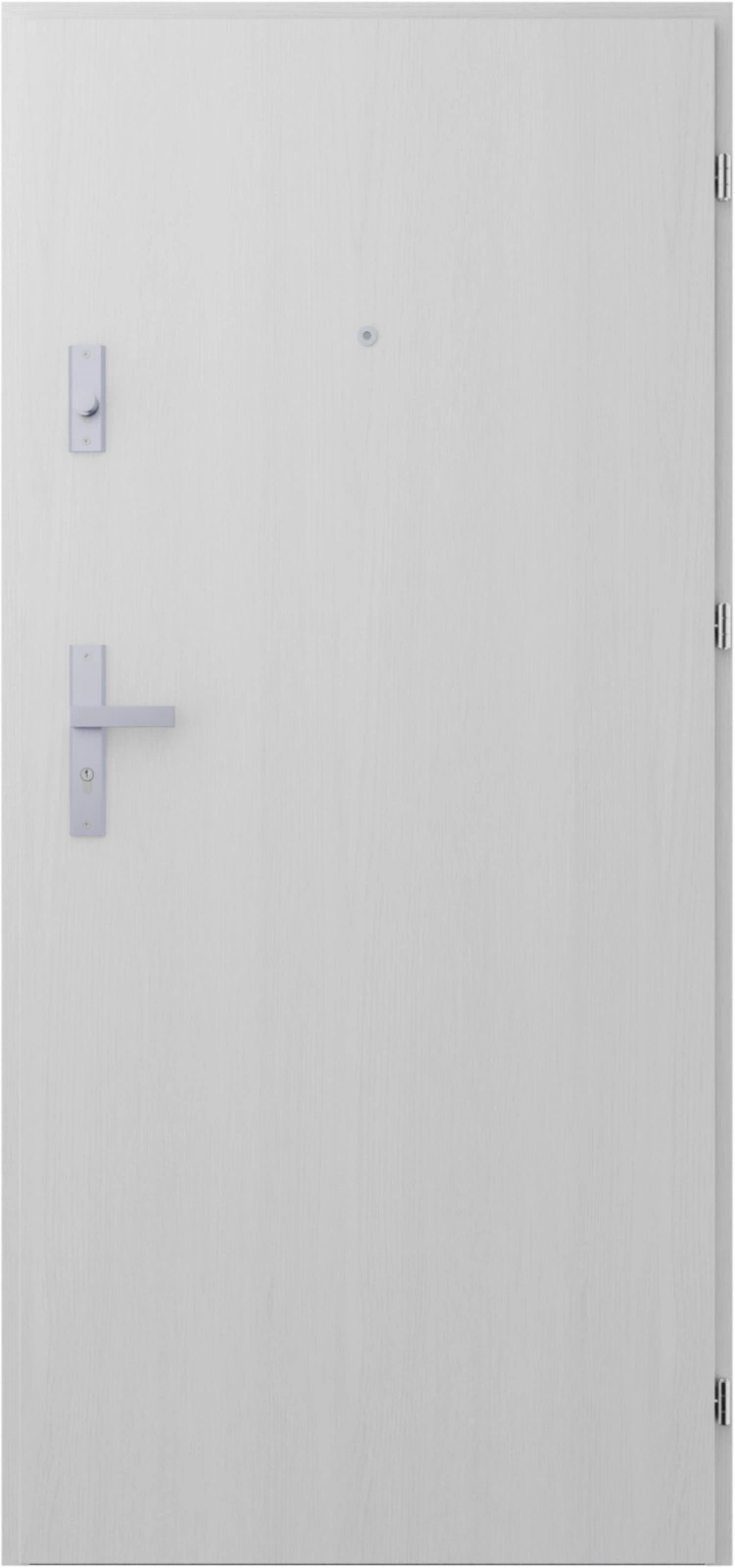 Drzwi wewnątrzklatkowe antywłamaniowe w klasie RC4 55 mm stalowe z klamką i zawiasami srebrnymi inox biały drewnopodobny A7