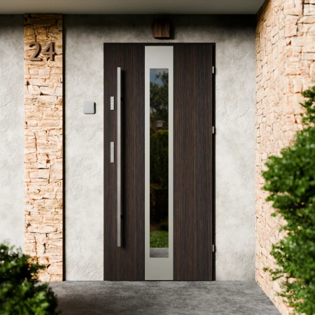 Drzwi zewnętrzne stalowe do domu Modern Inox 72mm z antabą/pochwytem energooszczędne Ud=1.3 lustro weneckie szyba mleczna Program Czyste Powietrze
