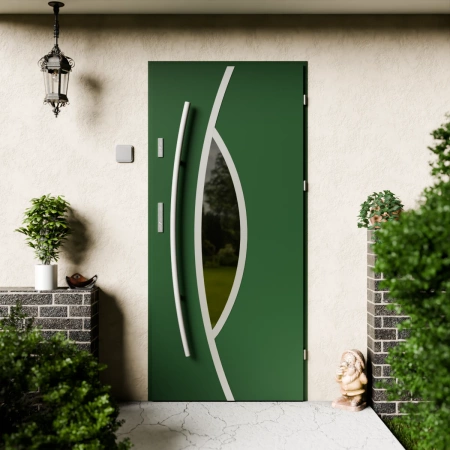 Drzwi zewnętrzne stalowe do domu Maestro Inox 72 mm z antabą/pochwytem energooszczędne Ud=1.3 lustro weneckie szyba mleczna Program Czyste Powietrze