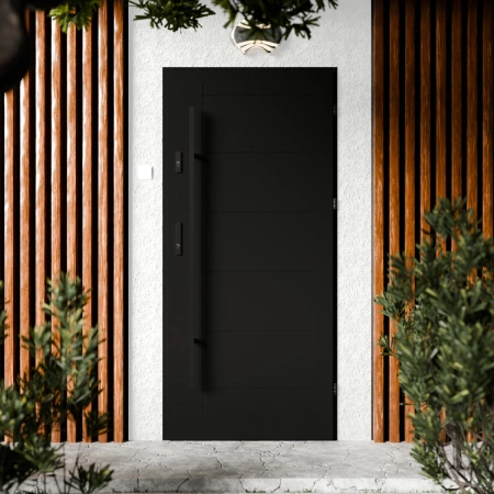 Drzwi zewnętrzne stalowe do domu Basic Black 72mm z antabą/pochwytem energooszczędne Ud=1.3 bez szyby pełne Program Czyste Powietrze