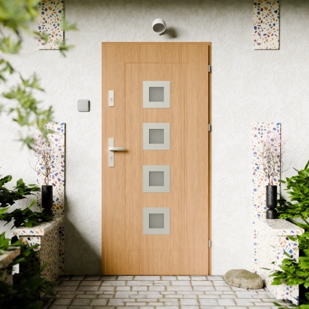 Quarto Inox CK drzwi zewnętrzne 72 mm z klamką energooszczędne U <= 1.3 przeszklone lustro weneckie szyba mleczna Program Czyste Powietrze