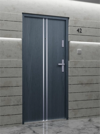 Drzwi wewnątrzklatkowe antywłamaniowe w klasie RC4 55 mm stalowe z klamką i zawiasami srebrnymi inox antracyt drewnopodobny A7