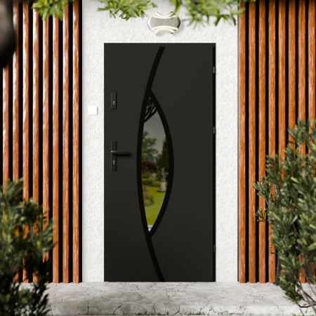 Drzwi zewnętrzne stalowe do domu Maestro Black 72mm z klamką czarną energooszczędne Ud=1.3 lustro weneckie szyba mleczna Program Czyste Powietrze