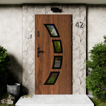 Drzwi zewnętrzne stalowe do domu Cinea Black 72mm z klamką czarną energooszczędne Ud=1.3 lustro weneckie szyba mleczna Program Czyste Powietrze