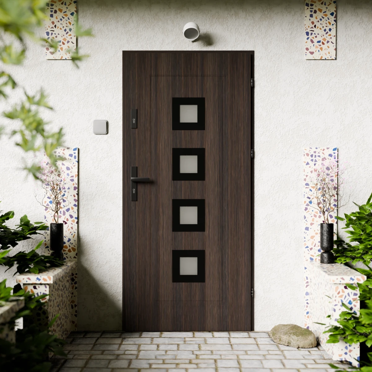 Drzwi zewnętrzne stalowe do domu Quarto Black 72mm z klamką czarną energooszczędne Ud=1.3 reflex szary szyba mleczna Program Czyste Powietrze