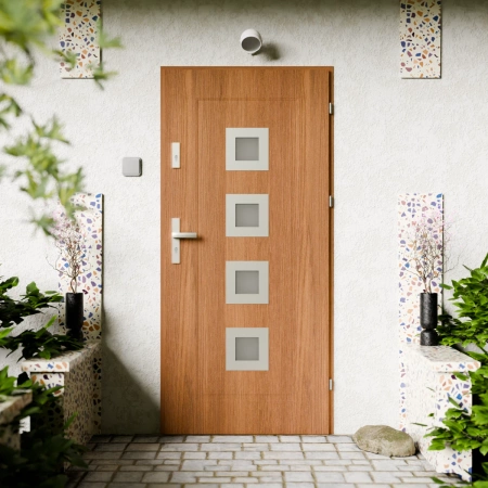 Drzwi zewnętrzne stalowe do domu Quarto Inox 72mm z klamką energooszczędne Ud=1.3 reflex brązowy i szary szyba mleczna Program Czyste Powietrze