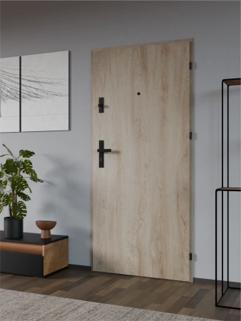 Drzwi wewnątrzklatkowe antywłamaniowe RC3 z Certyfikatem akustyczne wyciszające 47 dB 55 mm stalowe gładkie z klamką czarną dąb turner G00