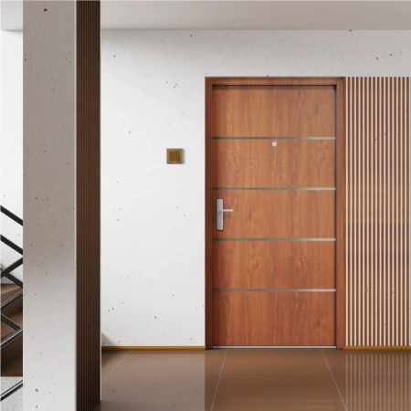 Drzwi wewnątrzklatkowe akustyczne 44 dB z Certyfikatem wyciszające stalowe antywłamaniowe RC3 68 mm dymoszczelne złoty dąb M02