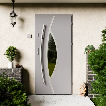 Drzwi zewnętrzne stalowe do domu Maestro Inox 72 mm z antabą/pochwytem energooszczędne Ud=1.3 lustro weneckie szyba mleczna Program Czyste Powietrze