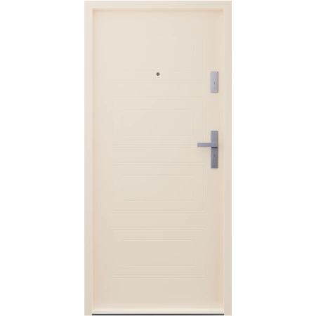 Drzwi wewnątrzklatkowe antywłamaniowe w klasie RC4 55 mm stalowe z klamką i zawiasami srebrnymi inox beżowe T34