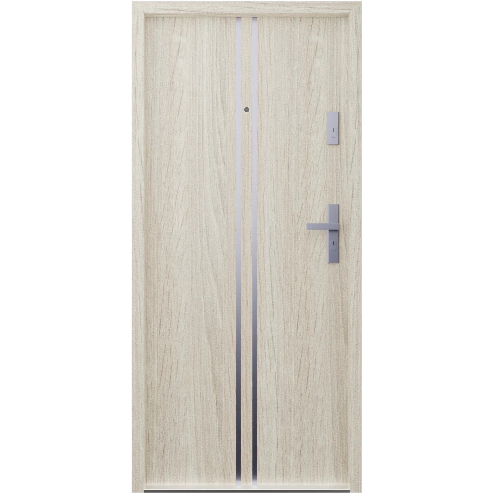 Drzwi wewnątrzklatkowe akustyczne wyciszające 47 dB antywłamaniowe RC3 55 mm stalowe z klamką inox srebrną i aplikacjami dąb sonoma A7