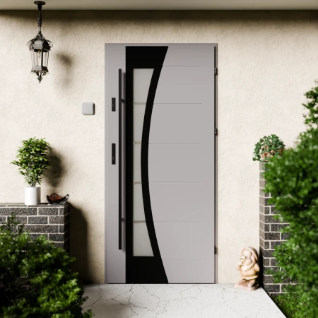 Drzwi zewnętrzne stalowe do domu Optima Black 72mm z antabą/pochwytem energooszczędne Ud=1.3 lustro weneckie szyba mleczna Program Czyste Powietrze