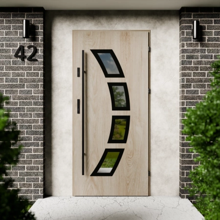 Drzwi zewnętrzne stalowe do domu Cinea Black 72mm z antabą/pochwytem energooszczędne Ud=1.3 lustro weneckie szyba mleczna Program Czyste Powietrze