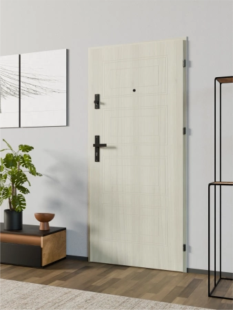 Drzwi wewnątrzklatkowe antywłamaniowe RC3 z Certyfikatem akustyczne wyciszające 47 dB 55 mm stalowe z tłoczeniami z klamką czarną dąb sheffield T34