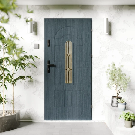 Drzwi zewnętrzne stalowe do domu Retro Black 72mm z klamką czarną energooszczędne Ud=1.3 z szybą Program Czyste Powietrze