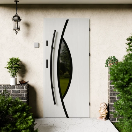 Drzwi zewnętrzne stalowe do domu Maestro Black 72mm z antabą/pochwytem energooszczędne Ud=1.3 lustro weneckie szyba mleczna Program Czyste Powietrze