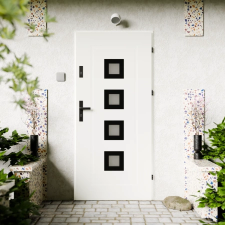 Quarto Black CK drzwi zewnętrzne 72 mm z klamką czarną energooszczędne Ud-1.3 przeszklone reflex brązowy i szary szyba mleczna Program Czyste Powietrze