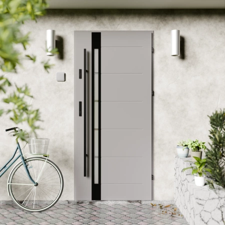 Drzwi zewnętrzne stalowe do domu Toreno Black 72mm z antabą/pochwytem energooszczędne Ud=1.3 lustro weneckie szyba mleczna Program Czyste Powietrze