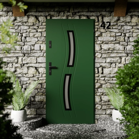 Drzwi zewnętrzne stalowe do domu Twista Black 72mm z klamką czarną energooszczędne Ud=1.3 lustro weneckie szyba mleczna Program Czyste Powietrze