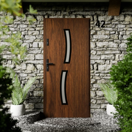 Drzwi zewnętrzne stalowe do domu Twista Black 72mm z klamką czarną energooszczędne Ud=1.3 lustro weneckie szyba mleczna Program Czyste Powietrze