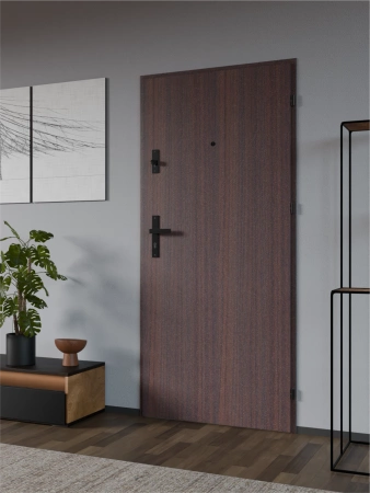 Drzwi wewnątrzklatkowe antywłamaniowe RC3 z Certyfikatem akustyczne wyciszające 47 dB 55 mm stalowe z klamką czarną i aplikacjami mahoń A7