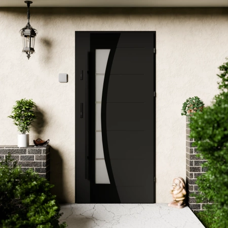 Drzwi zewnętrzne stalowe do domu Optima Black 72mm z antabą/pochwytem energooszczędne Ud=1.3 lustro weneckie szyba mleczna Program Czyste Powietrze