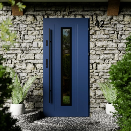 Drzwi zewnętrzne stalowe do domu Presto Black 72mm z antabą/pochwytem energooszczędne Ud=1.3 lustro weneckie szyba mleczna Program Czyste Powietrze