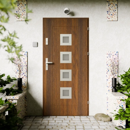 Quarto Inox CK drzwi zewnętrzne 72 mm z klamką energooszczędne U <= 1.3 przeszklone lustro weneckie szyba mleczna Program Czyste Powietrze