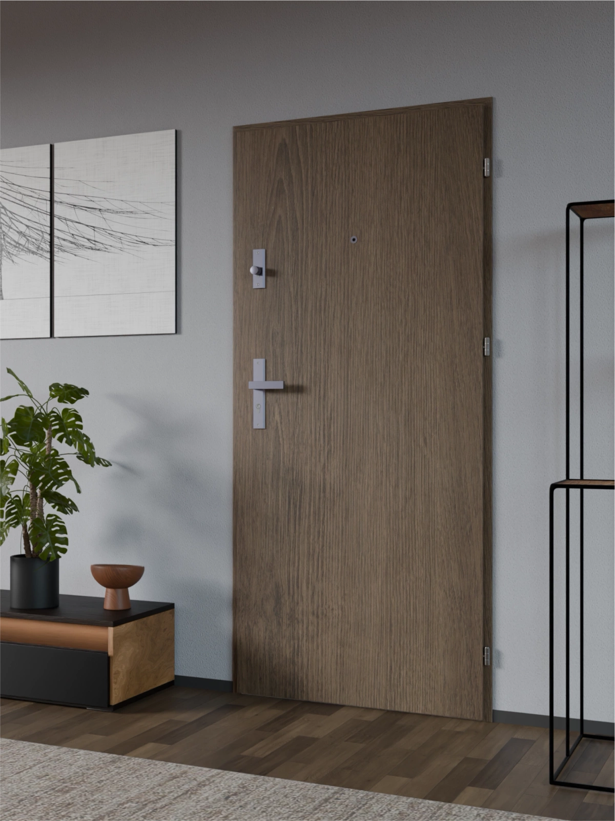 Drzwi wewnątrzklatkowe antywłamaniowe w klasie RC4 55 mm stalowe z klamką i zawiasami srebrnymi inox dąb trufla A7