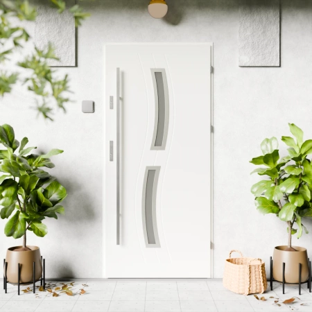 Drzwi zewnętrzne stalowe do domu Twista Inox 72 mm z antabą/pochwytem energooszczędne Ud=1.3 lustro weneckie szyba mleczna Program Czyste Powietrze