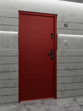 Drzwi wewnątrzklatkowe antywłamaniowe RC3 z Certyfikatem akustyczne wyciszające 47 dB 55 mm stalowe z tłoczeniami z klamką czarną czerwone T34