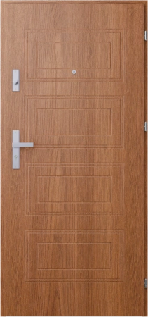 Drzwi wewnątrzklatkowe antywłamaniowe RC3 z Certyfikatem akustyczne wyciszające 47 dB 55 mm stalowe z tłoczeniami z klamką inox srebrną złoty dąb T34