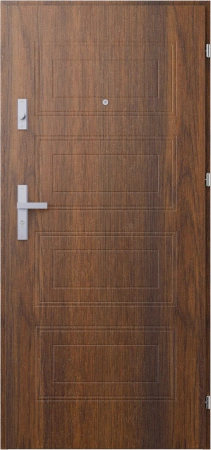 Drzwi wewnątrzklatkowe antywłamaniowe RC3 z Certyfikatem akustyczne wyciszające 47 dB 55 mm stalowe z tłoczeniami z klamką inox srebrną orzech T34