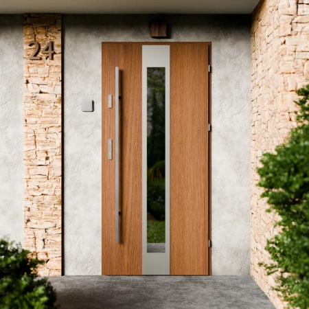 Drzwi zewnętrzne stalowe do domu Modern Inox 72mm z antabą/pochwytem energooszczędne Ud=1.3 lustro weneckie szyba mleczna Program Czyste Powietrze