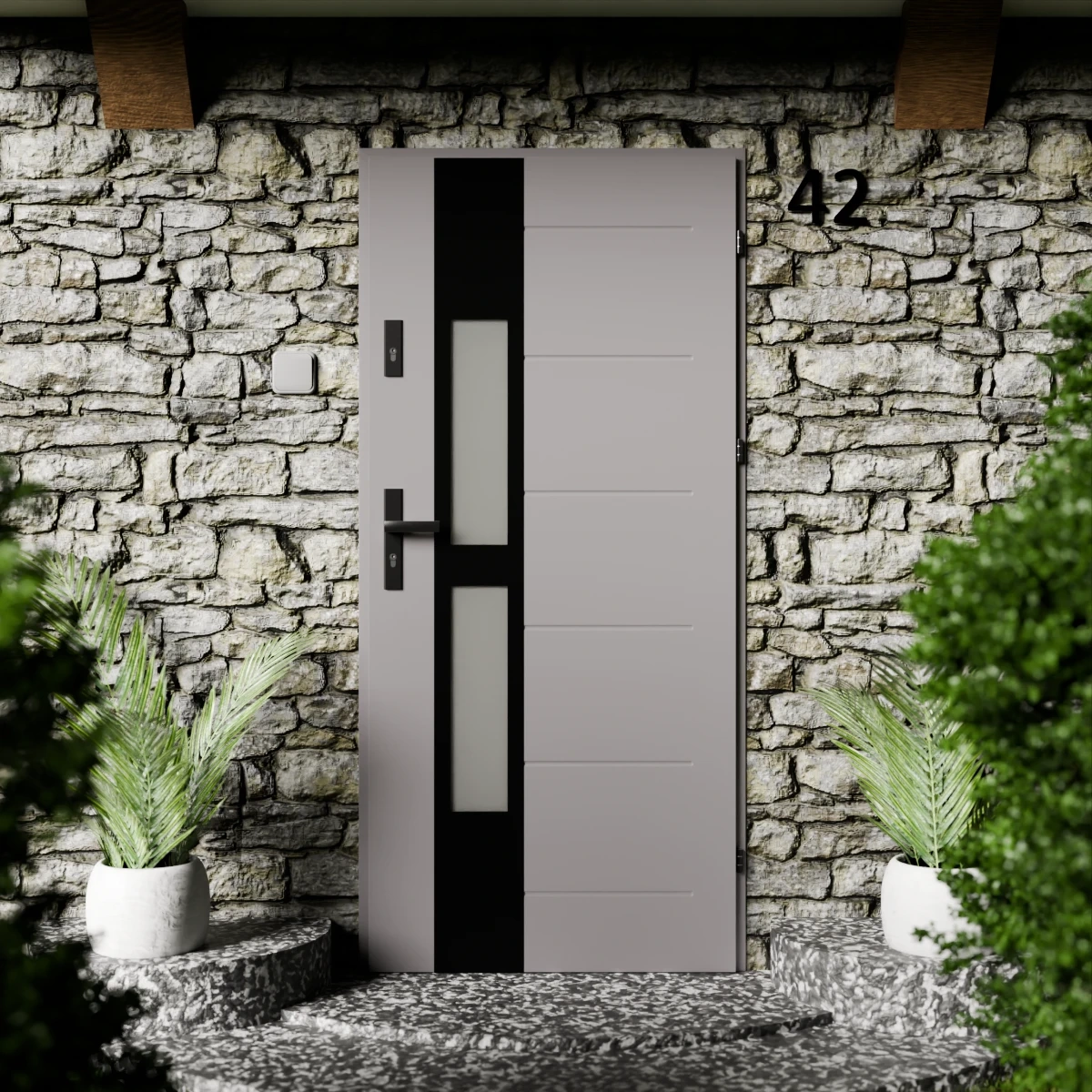 Drzwi zewnętrzne stalowe do domu Anda Black 72mm z klamką czarną energooszczędne Ud=1.3 lustro weneckie szyba mleczna Program Czyste Powietrze