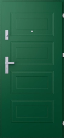 Drzwi wewnątrzklatkowe antywłamaniowe RC3 z Certyfikatem akustyczne wyciszające 47 dB 55 mm stalowe z tłoczeniami z klamką inox srebrną zielone T34