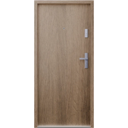 Drzwi wewnątrzklatkowe antywłamaniowe w klasie RC4 55 mm stalowe z klamką i zawiasami srebrnymi inox dąb trufla G00
